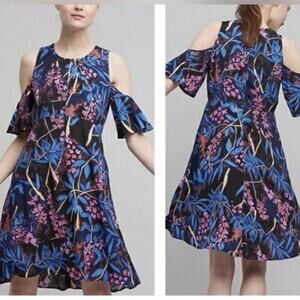 Anthropologie Maeve Elia Floral Ruffle Sleeve Flouncy Cold Shoulder Dress Size10
